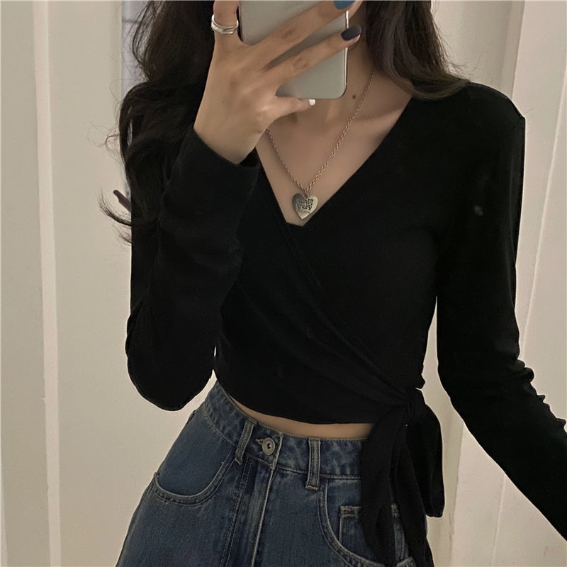 T-shirts Women V-neck Slim Sexy Solid All Match Summer Sun Proof Fashion Korean Style Cropped College Tops Daily Ins