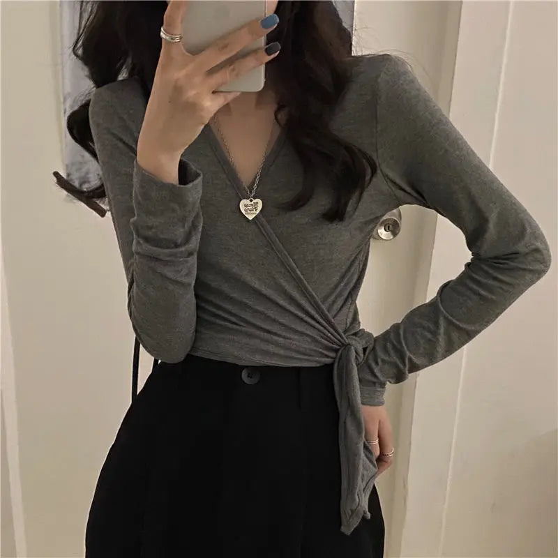 T-shirts Women V-neck Slim Sexy Solid All Match Summer Sun Proof Fashion Korean Style Cropped College Tops Daily Ins