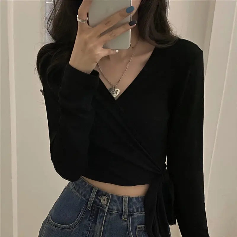 T-shirts Women V-neck Slim Sexy Solid All Match Summer Sun Proof Fashion Korean Style Cropped College Tops Daily Ins