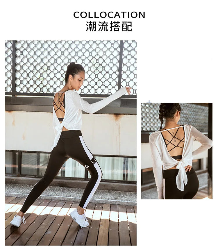 Women's Yoga T-Shirt Open Sports Clothes Long-Sleeved Running  Tops Slim Beauty Back Sportswear