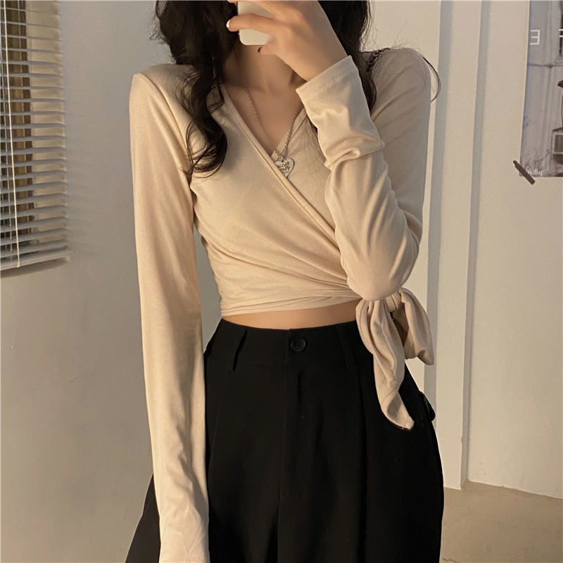 T-shirts Women V-neck Slim Sexy Solid All Match Summer Sun Proof Fashion Korean Style Cropped College Tops Daily Ins