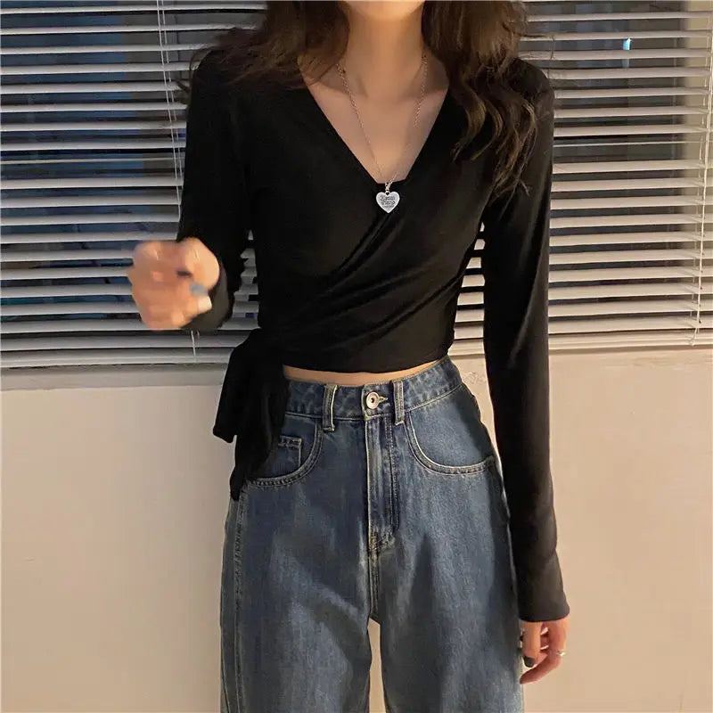 T-shirts Women V-neck Slim Sexy Solid All Match Summer Sun Proof Fashion Korean Style Cropped College Tops Daily Ins