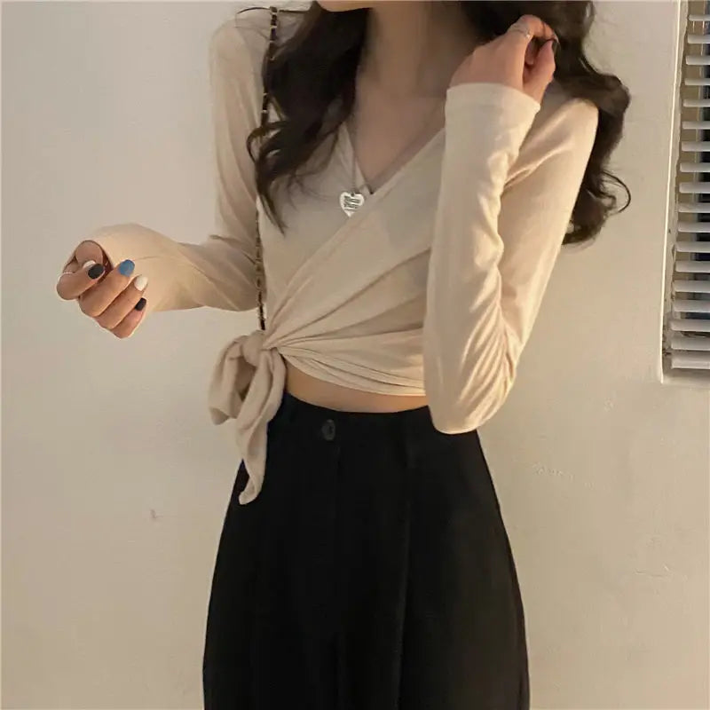 T-shirts Women V-neck Slim Sexy Solid All Match Summer Sun Proof Fashion Korean Style Cropped College Tops Daily Ins