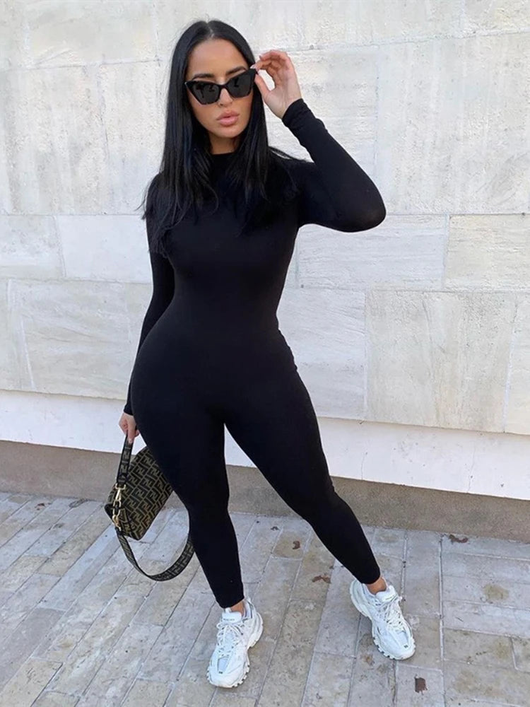 Fitness O-Nek Full Sleeve Jumpsuit Women Slim Rompers Long Playsuit Skinny Jogger Mujer Overalls Outfits