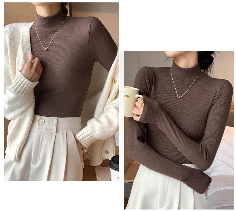 Women Bottom Shirts Sweater Jumper Elegant Korean Fashion Long-sleeved Tops Knitwear 2024 New Knitted Half-turtleneck Pullovers