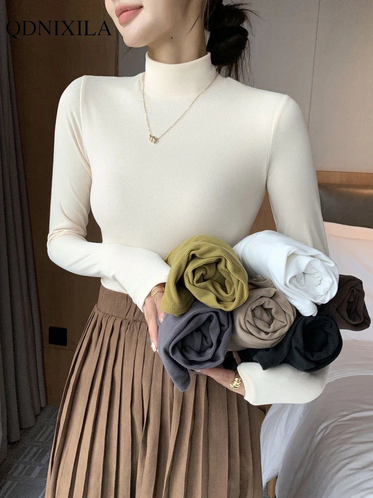 Women Bottom Shirts Sweater Jumper Elegant Korean Fashion Long-sleeved Tops Knitwear 2024 New Knitted Half-turtleneck Pullovers