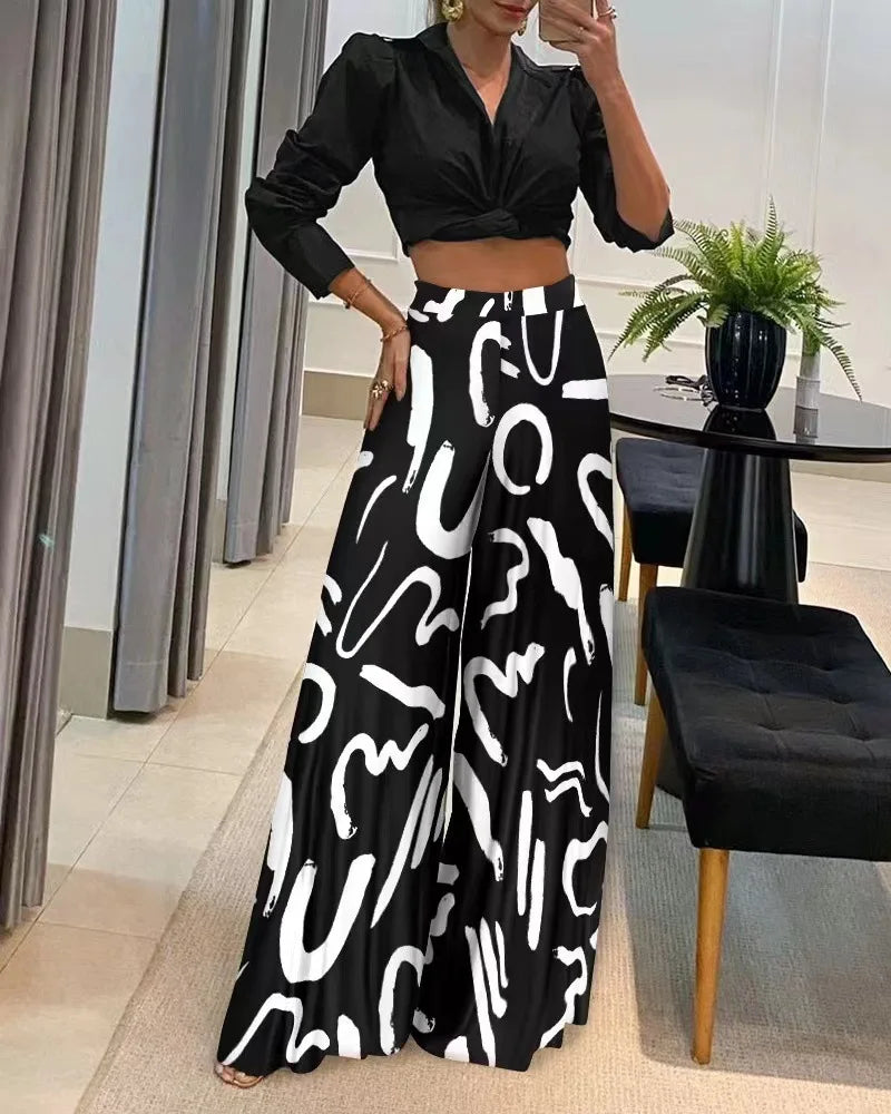 spring summer Long Pant Women High Waist Wide Leg Trousers print New Ladies Casual Fashion Party Elegant Pant Suits