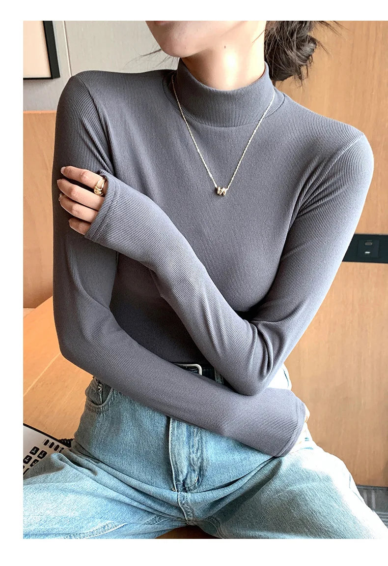 Women Bottom Shirts Sweater Jumper Elegant Korean Fashion Long-sleeved Tops Knitwear 2024 New Knitted Half-turtleneck Pullovers