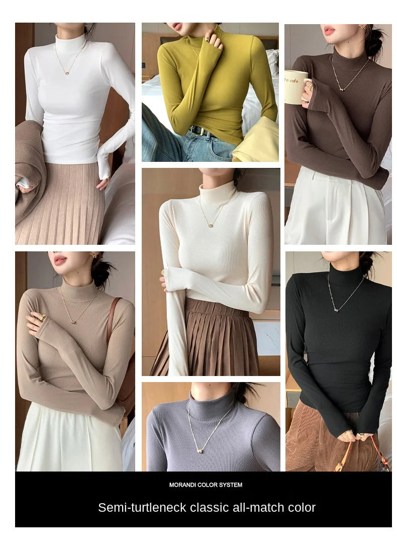 Women Bottom Shirts Sweater Jumper Elegant Korean Fashion Long-sleeved Tops Knitwear 2024 New Knitted Half-turtleneck Pullovers