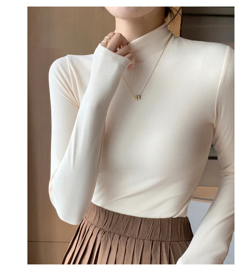 Women Bottom Shirts Sweater Jumper Elegant Korean Fashion Long-sleeved Tops Knitwear 2024 New Knitted Half-turtleneck Pullovers