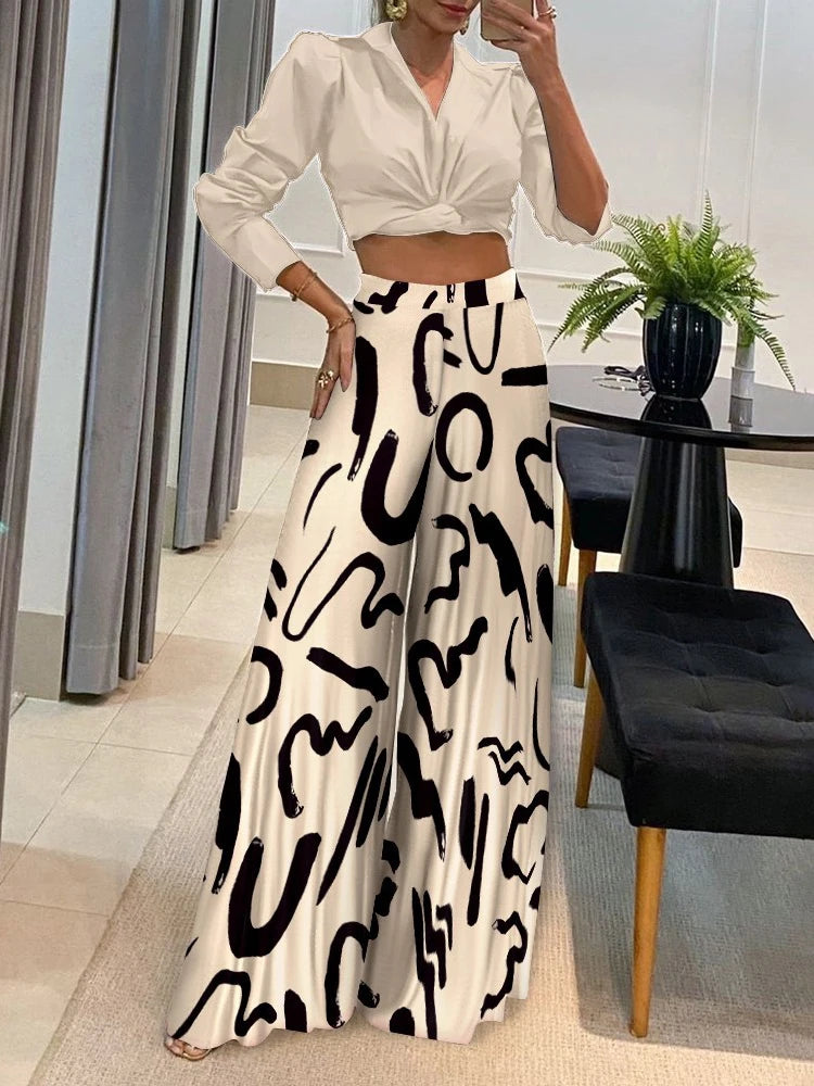 spring summer Long Pant Women High Waist Wide Leg Trousers print New Ladies Casual Fashion Party Elegant Pant Suits