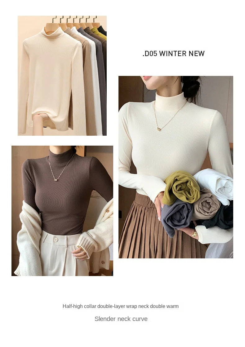 Women Bottom Shirts Sweater Jumper Elegant Korean Fashion Long-sleeved Tops Knitwear 2024 New Knitted Half-turtleneck Pullovers