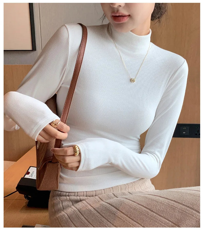 Women Bottom Shirts Sweater Jumper Elegant Korean Fashion Long-sleeved Tops Knitwear 2024 New Knitted Half-turtleneck Pullovers