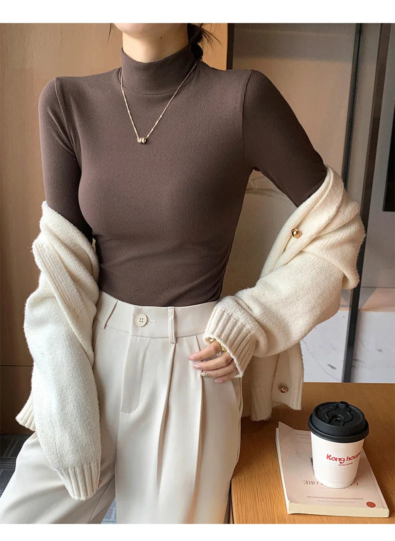 Women Bottom Shirts Sweater Jumper Elegant Korean Fashion Long-sleeved Tops Knitwear 2024 New Knitted Half-turtleneck Pullovers