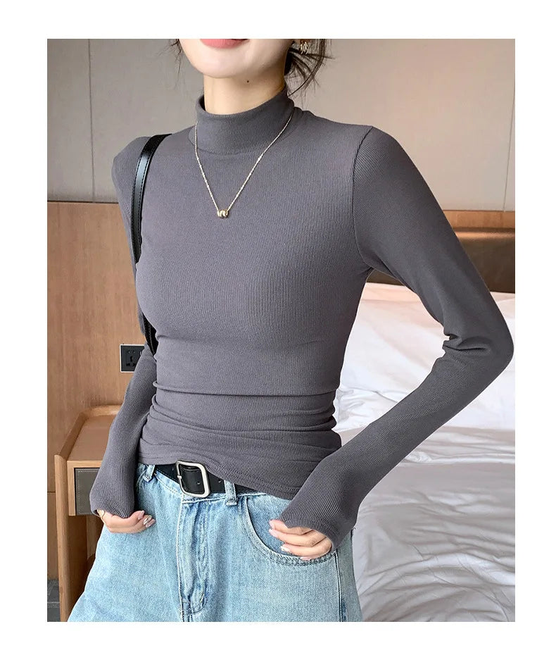 Women Bottom Shirts Sweater Jumper Elegant Korean Fashion Long-sleeved Tops Knitwear 2024 New Knitted Half-turtleneck Pullovers